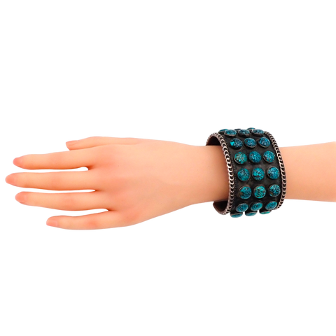 144-Gram Southwestern Teal Spiderweb Turquoise Multi-Row Stone Setting Sterling Cuff Bracelet by G. THORNE