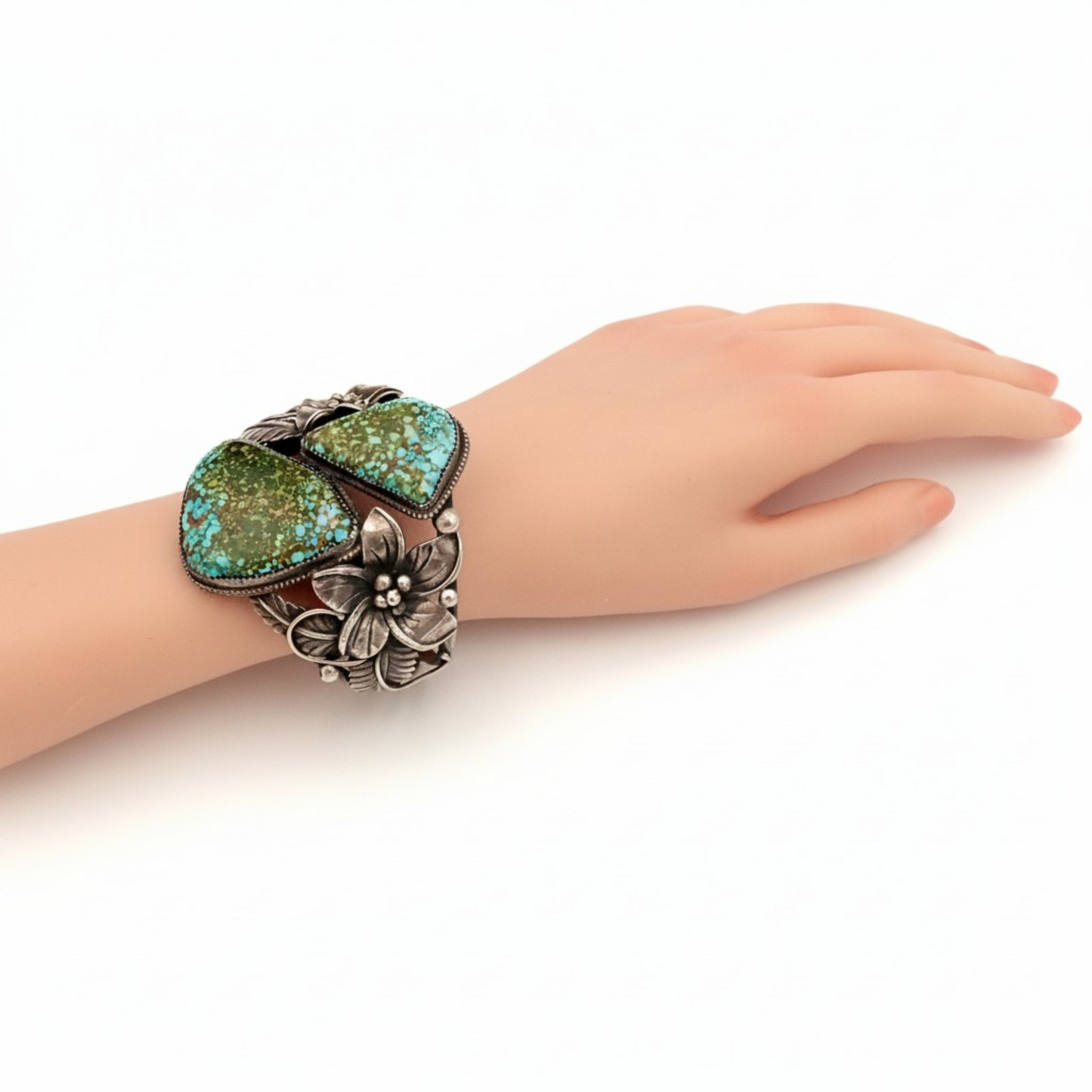 Two-Stone Turquoise Mountain Spiderweb & Sculptural Floral Sterling Cuff Bracelet by Navajo artisan M. CHAVEZ
