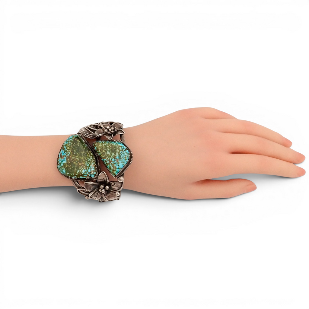 Two-Stone Turquoise Mountain Spiderweb & Sculptural Floral Sterling Cuff Bracelet by Navajo artisan M. CHAVEZ