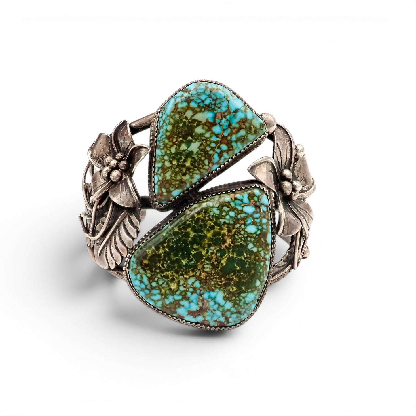 Two-Stone Turquoise Mountain Spiderweb & Sculptural Floral Sterling Cuff Bracelet by Navajo artisan M. CHAVEZ