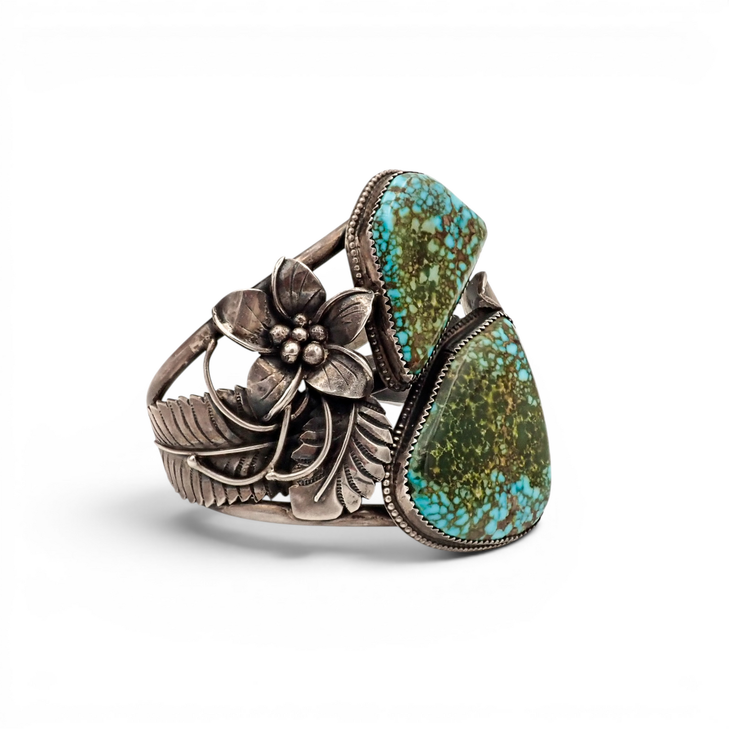 Two-Stone Turquoise Mountain Spiderweb & Sculptural Floral Sterling Cuff Bracelet by Navajo artisan M. CHAVEZ