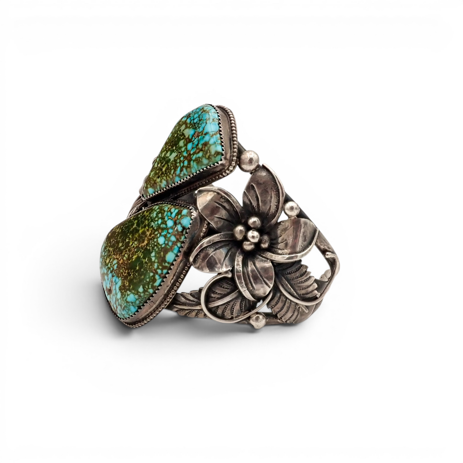 Two-Stone Turquoise Mountain Spiderweb & Sculptural Floral Sterling Cuff Bracelet by Navajo artisan M. CHAVEZ
