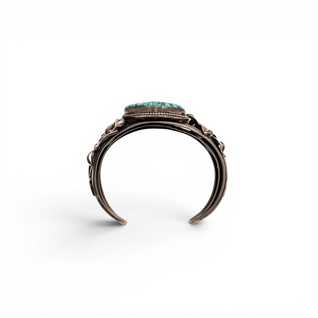 Two-Stone Turquoise Mountain Spiderweb & Sculptural Floral Sterling Cuff Bracelet by Navajo artisan M. CHAVEZ