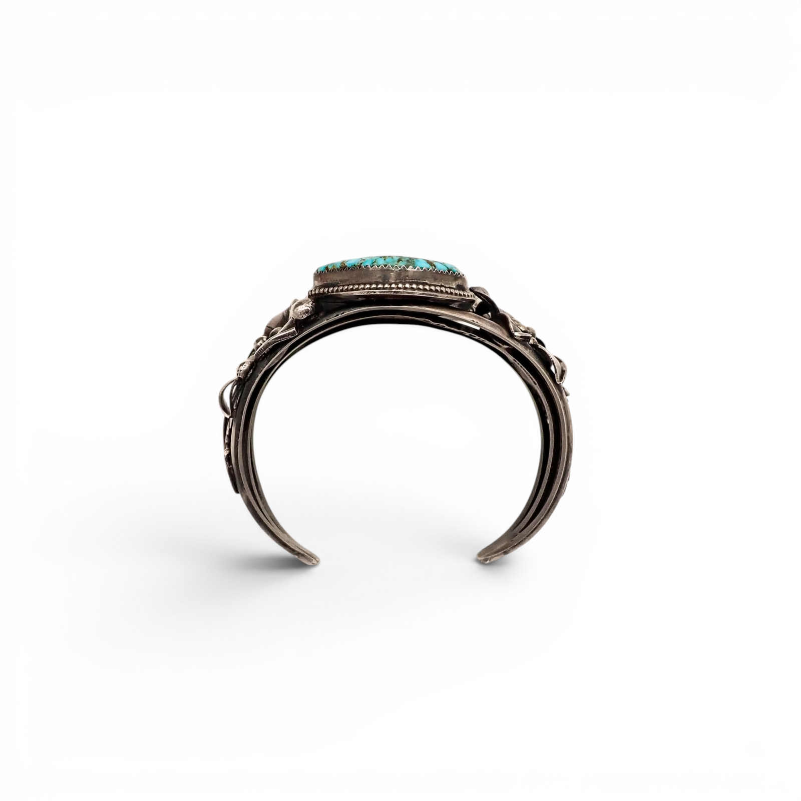 Two-Stone Turquoise Mountain Spiderweb & Sculptural Floral Sterling Cuff Bracelet by Navajo artisan M. CHAVEZ