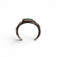 Two-Stone Turquoise Mountain Spiderweb & Sculptural Floral Sterling Cuff Bracelet by Navajo artisan M. CHAVEZ