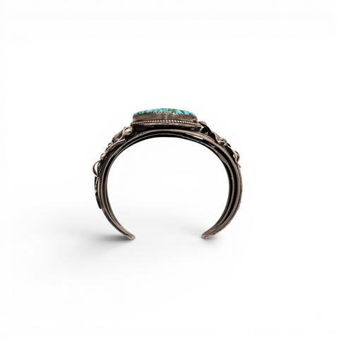 Two-Stone Turquoise Mountain Spiderweb & Sculptural Floral Sterling Cuff Bracelet by Navajo artisan M. CHAVEZ