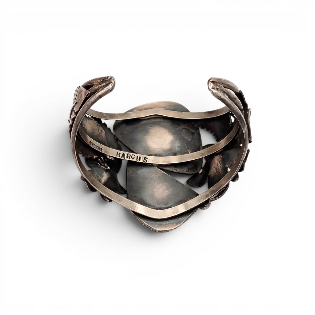 Two-Stone Turquoise Mountain Spiderweb & Sculptural Floral Sterling Cuff Bracelet by Navajo artisan M. CHAVEZ