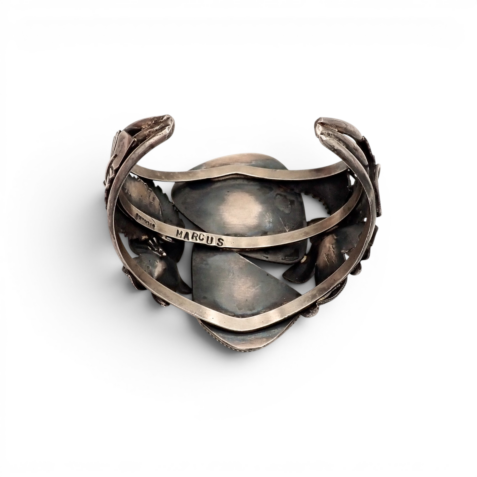 Two-Stone Turquoise Mountain Spiderweb & Sculptural Floral Sterling Cuff Bracelet by Navajo artisan M. CHAVEZ