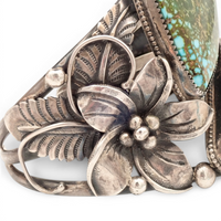 Two-Stone Turquoise Mountain Spiderweb & Sculptural Floral Sterling Cuff Bracelet by Navajo artisan M. CHAVEZ