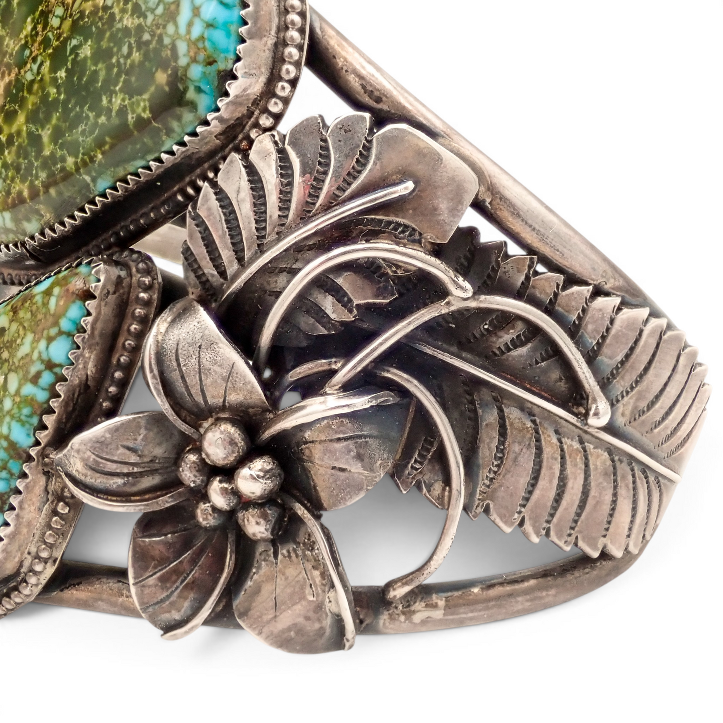Two-Stone Turquoise Mountain Spiderweb & Sculptural Floral Sterling Cuff Bracelet by Navajo artisan M. CHAVEZ