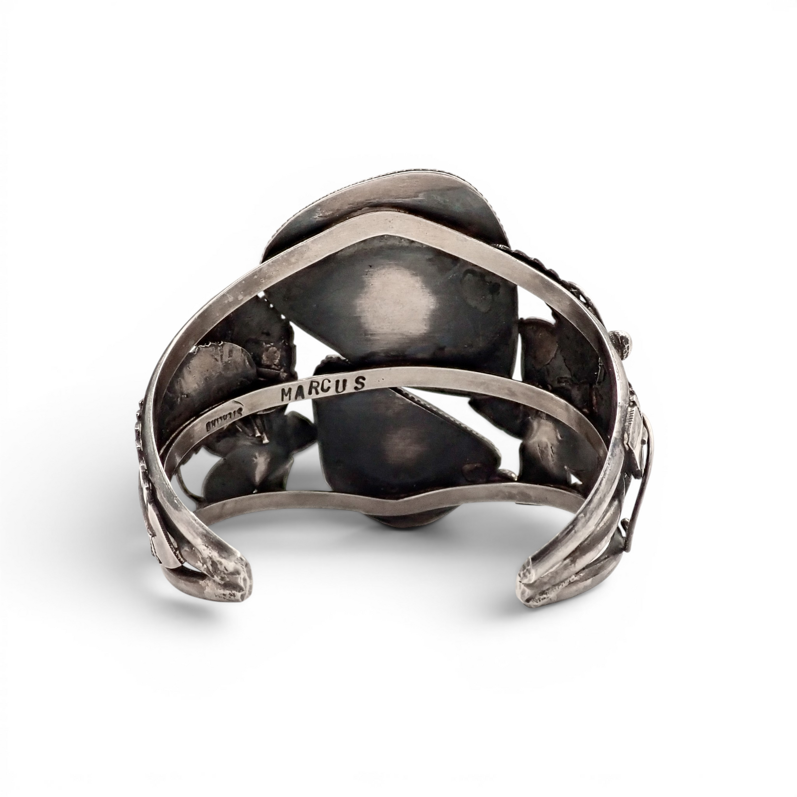 Two-Stone Turquoise Mountain Spiderweb & Sculptural Floral Sterling Cuff Bracelet by Navajo artisan M. CHAVEZ