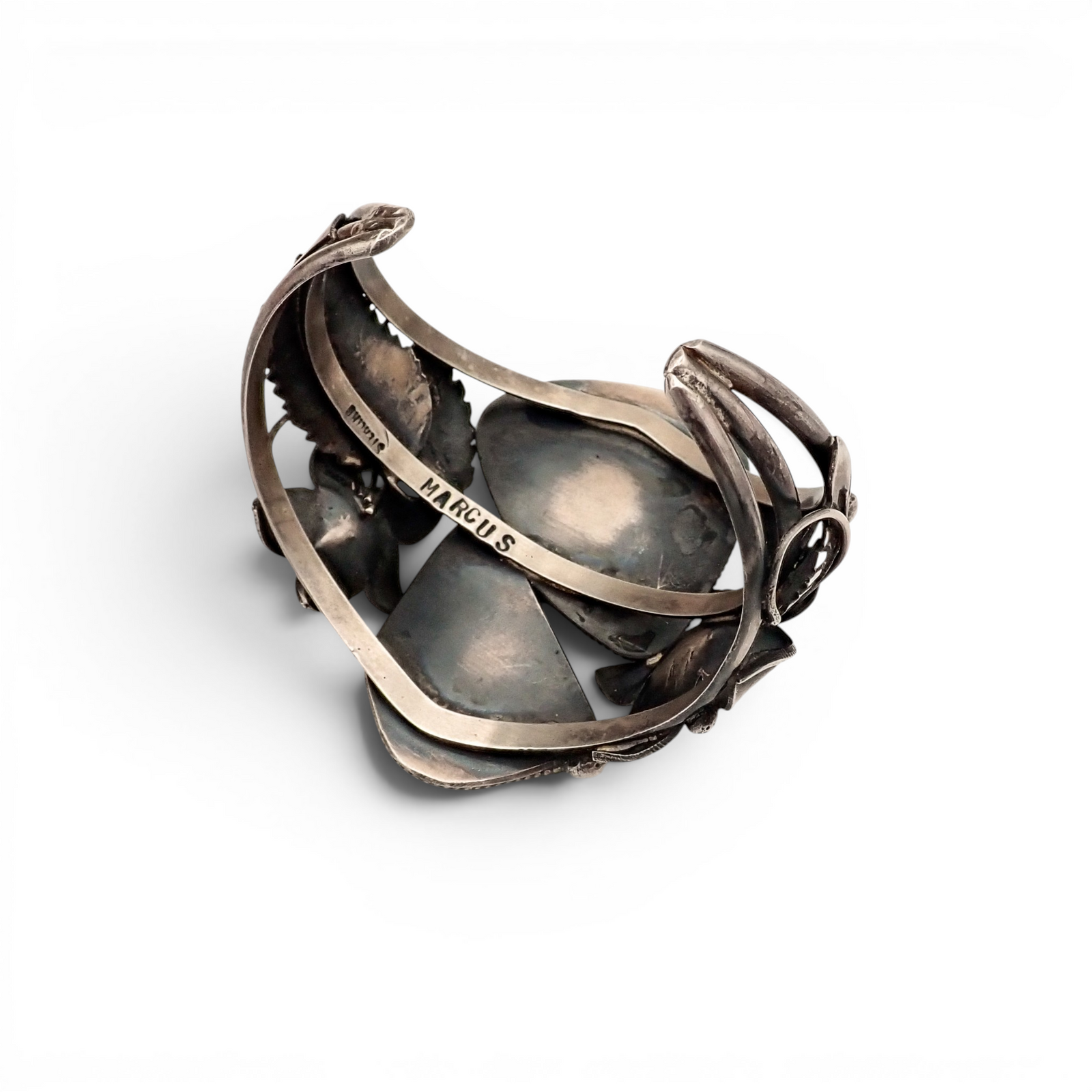 Two-Stone Turquoise Mountain Spiderweb & Sculptural Floral Sterling Cuff Bracelet by Navajo artisan M. CHAVEZ
