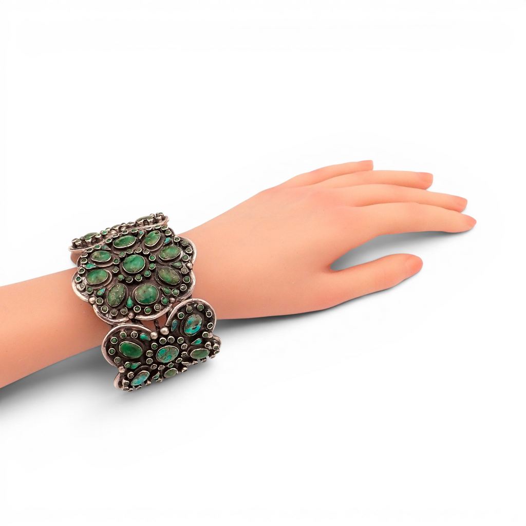 158-Gram Kingman & Morenci Turquoise Cluster Sterling Cuff Bracelet by Navajo Artist D. CHATTER
