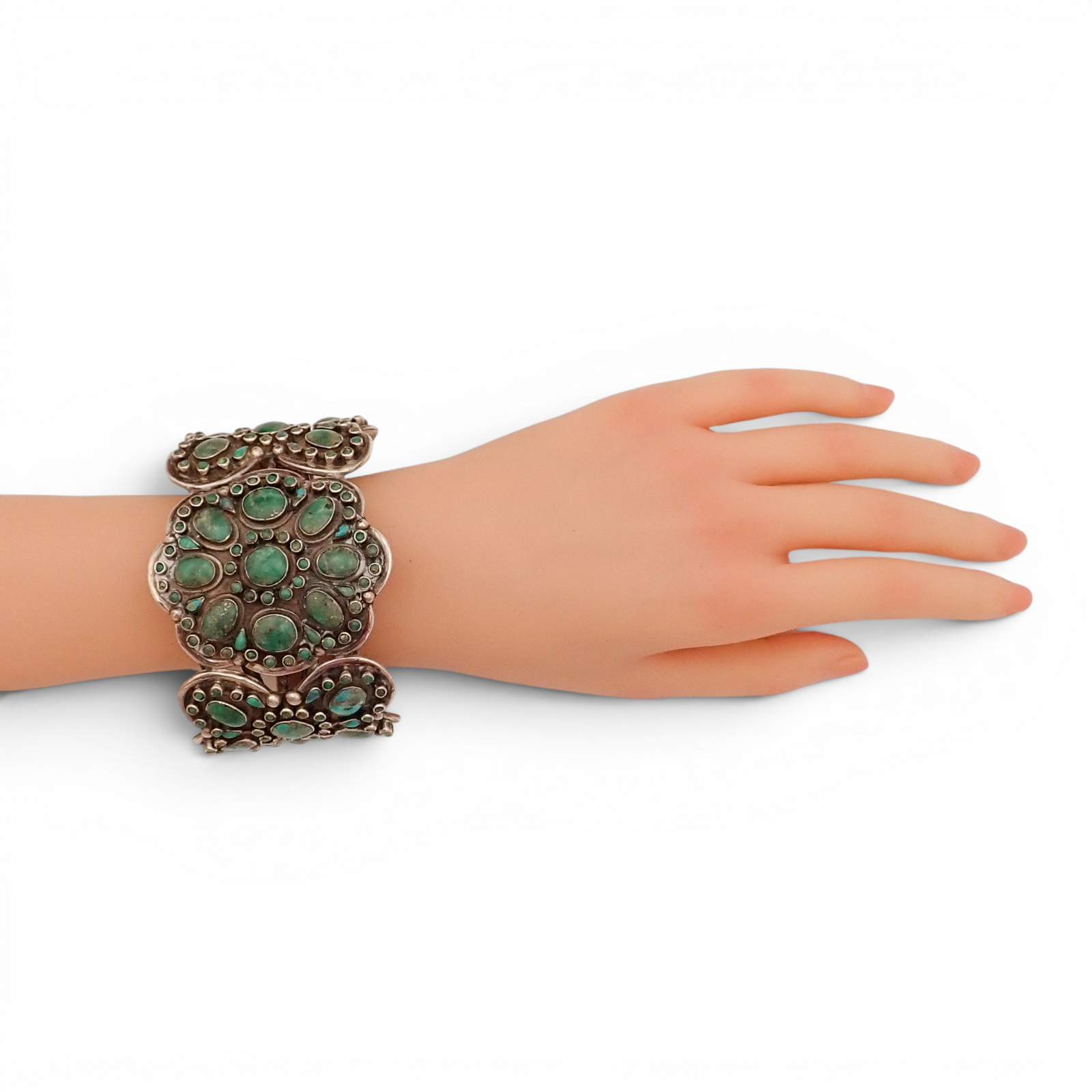 158-Gram Kingman & Morenci Turquoise Cluster Sterling Cuff Bracelet by Navajo Artist D. CHATTER