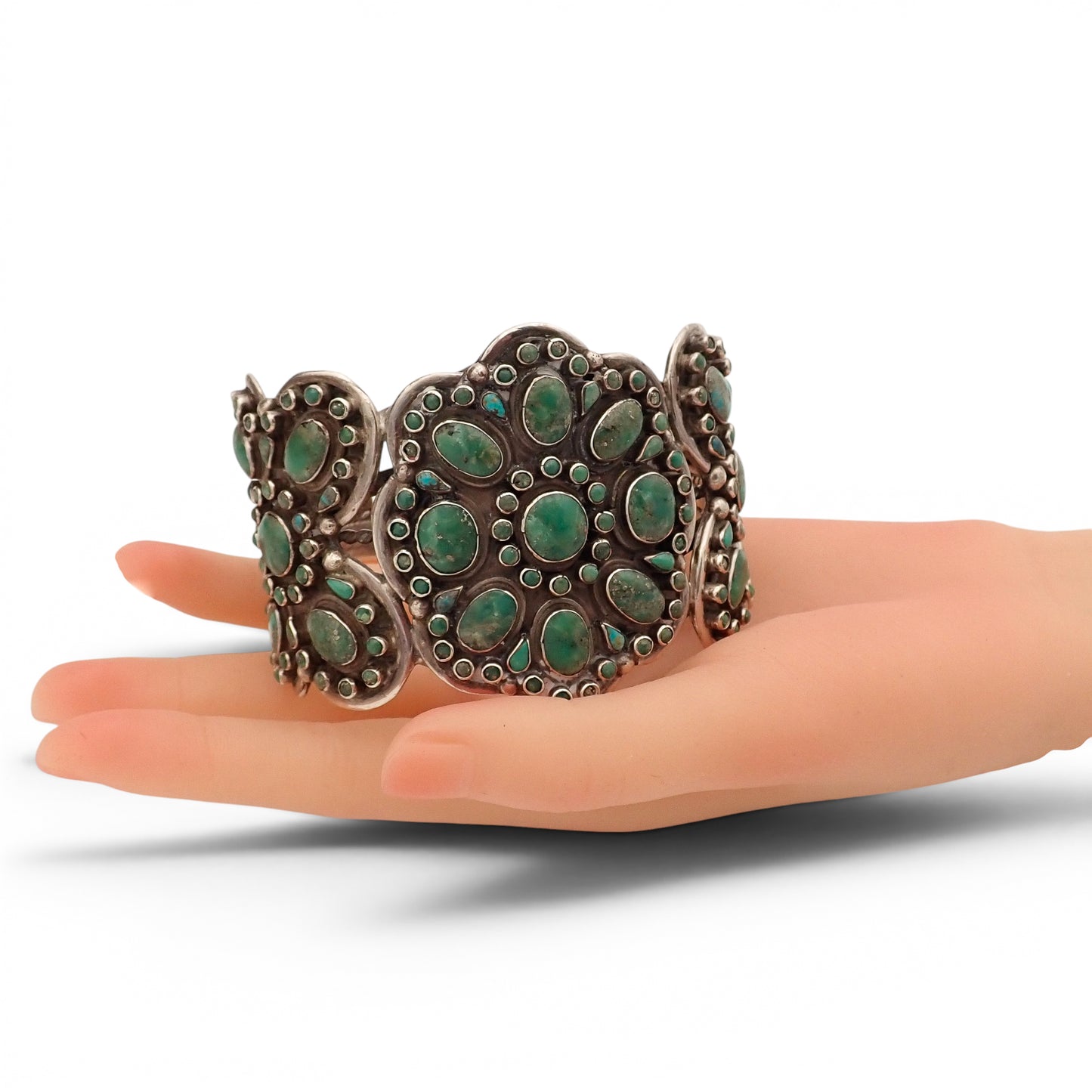 158-Gram Kingman & Morenci Turquoise Cluster Sterling Cuff Bracelet by Navajo Artist D. CHATTER