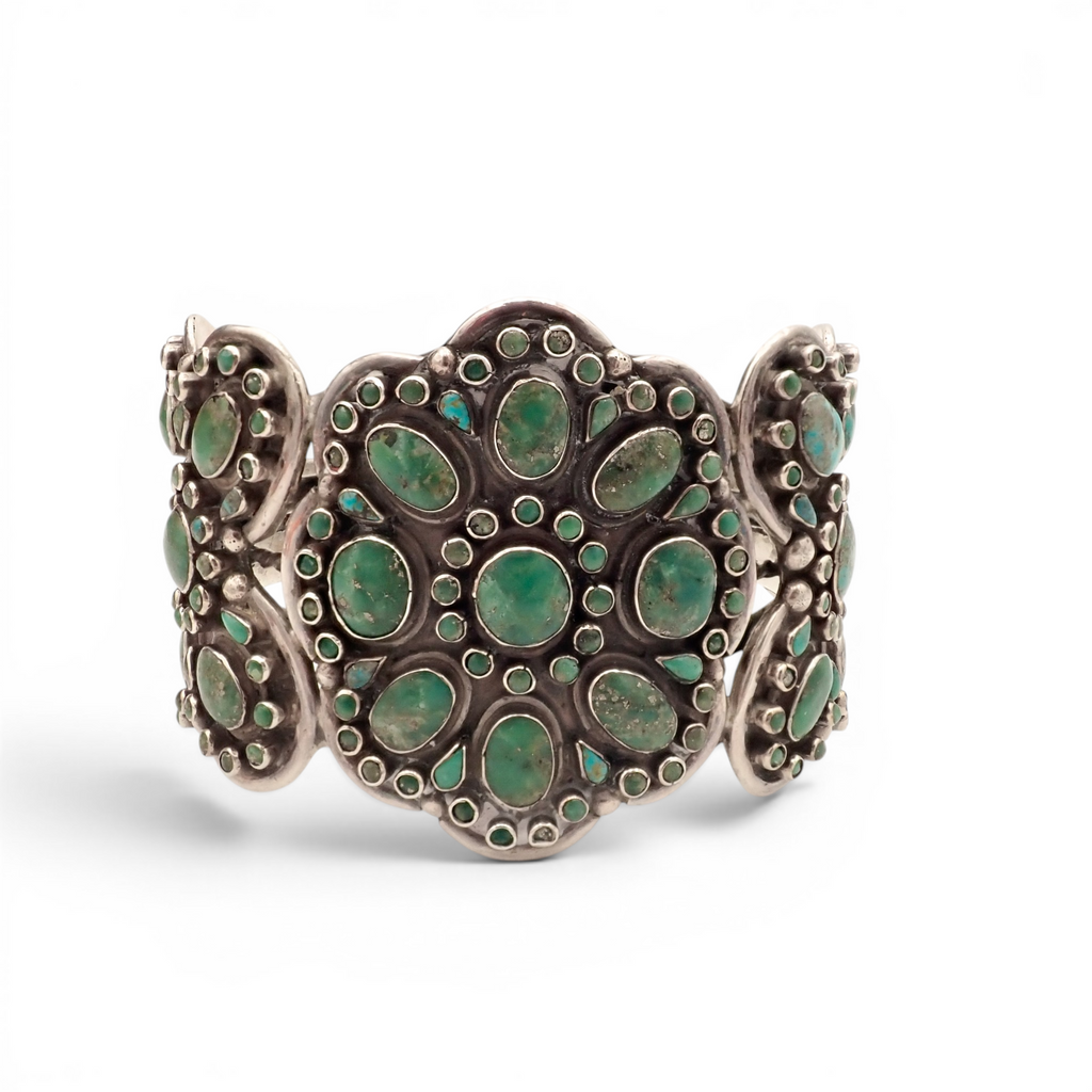 158-Gram Kingman & Morenci Turquoise Cluster Sterling Cuff Bracelet by Navajo Artist D. CHATTER