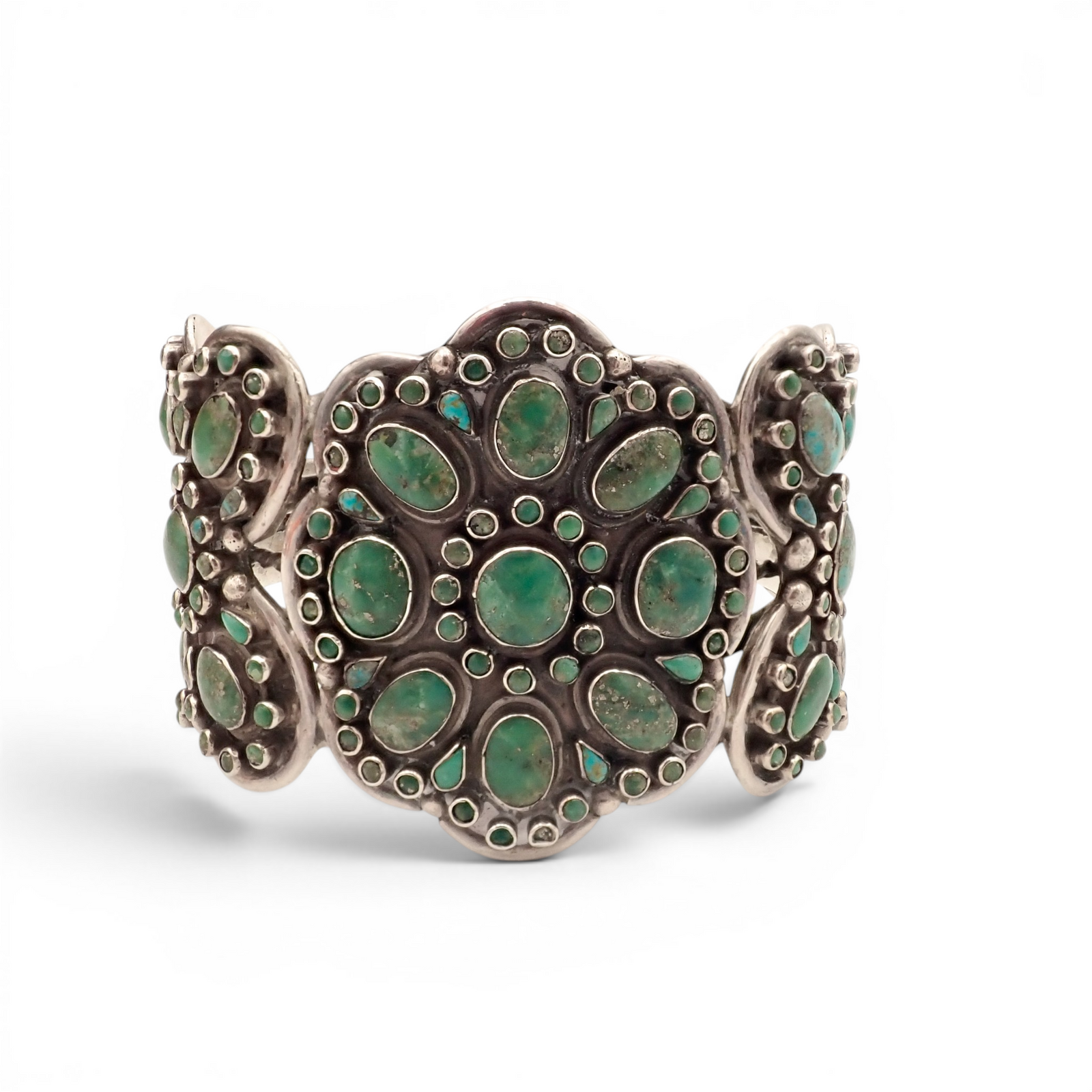 158-Gram Kingman & Morenci Turquoise Cluster Sterling Cuff Bracelet by Navajo Artist D. CHATTER