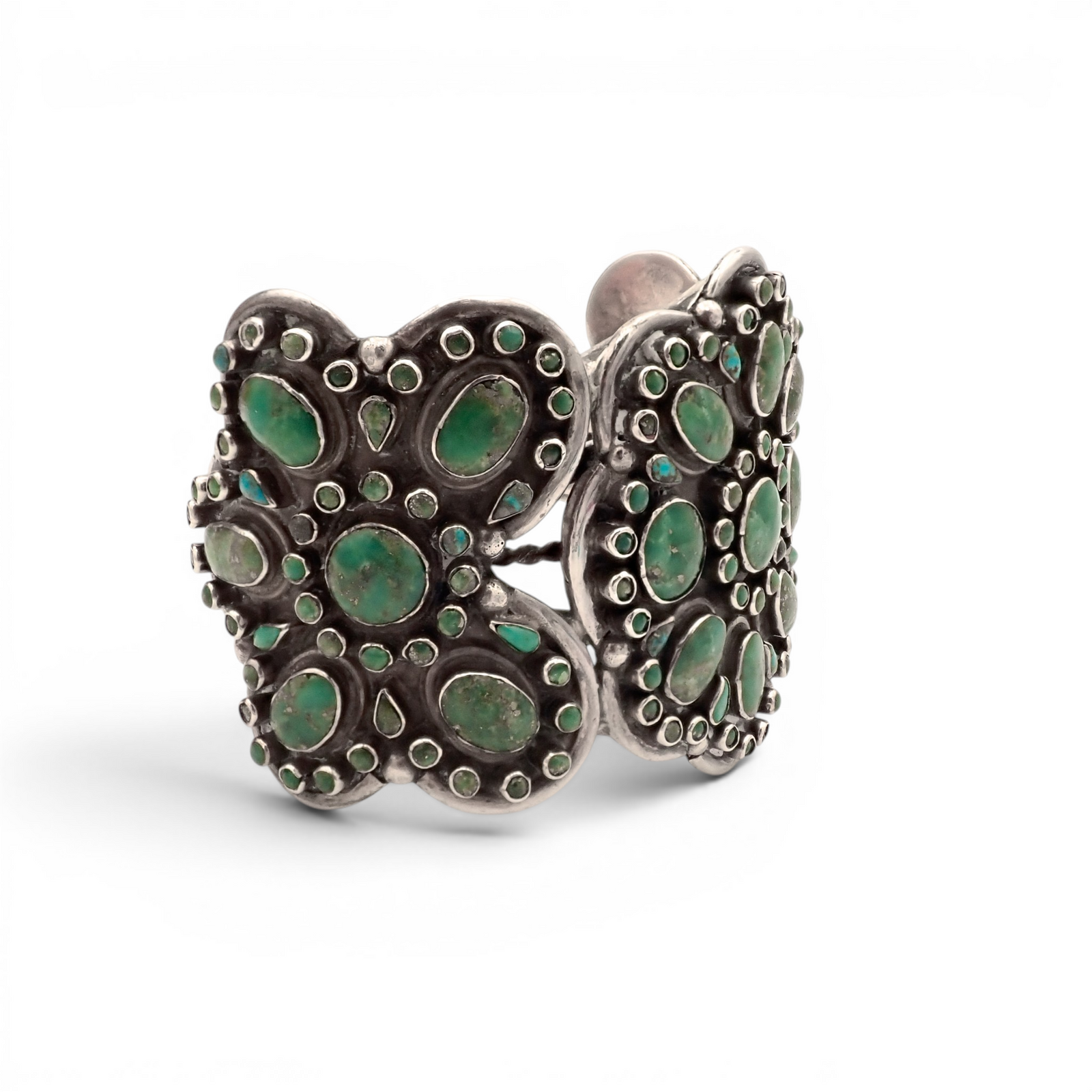 158-Gram Kingman & Morenci Turquoise Cluster Sterling Cuff Bracelet by Navajo Artist D. CHATTER