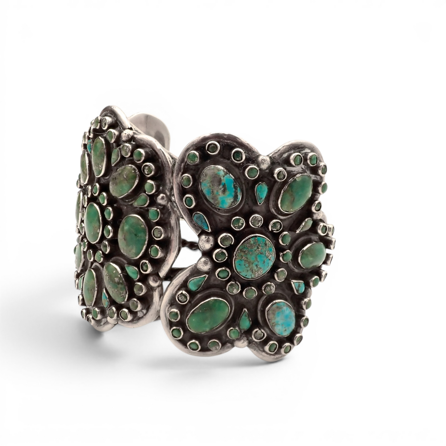 158-Gram Kingman & Morenci Turquoise Cluster Sterling Cuff Bracelet by Navajo Artist D. CHATTER