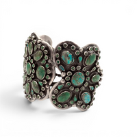 158-Gram Kingman & Morenci Turquoise Cluster Sterling Cuff Bracelet by Navajo Artist D. CHATTER