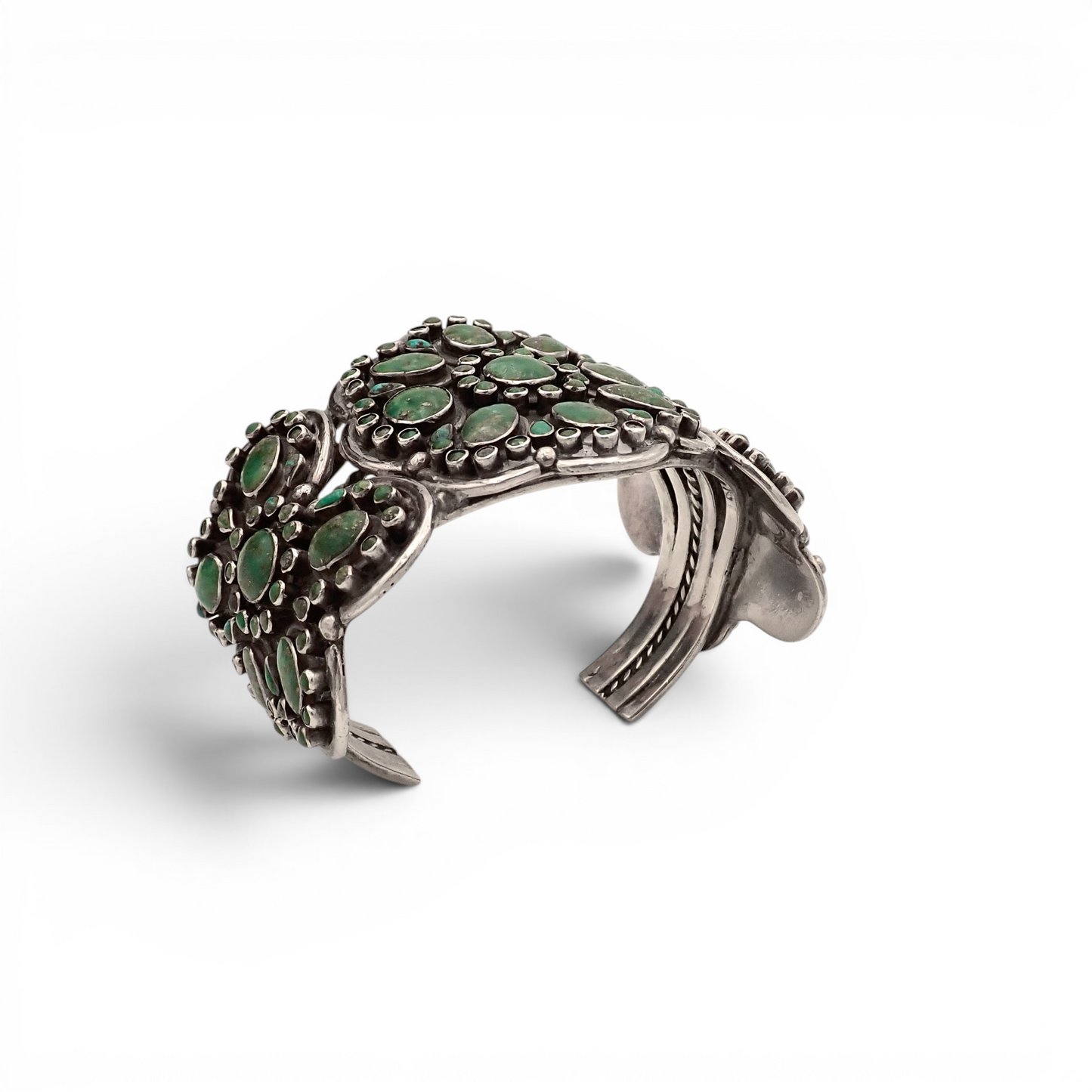 158-Gram Kingman & Morenci Turquoise Cluster Sterling Cuff Bracelet by Navajo Artist D. CHATTER