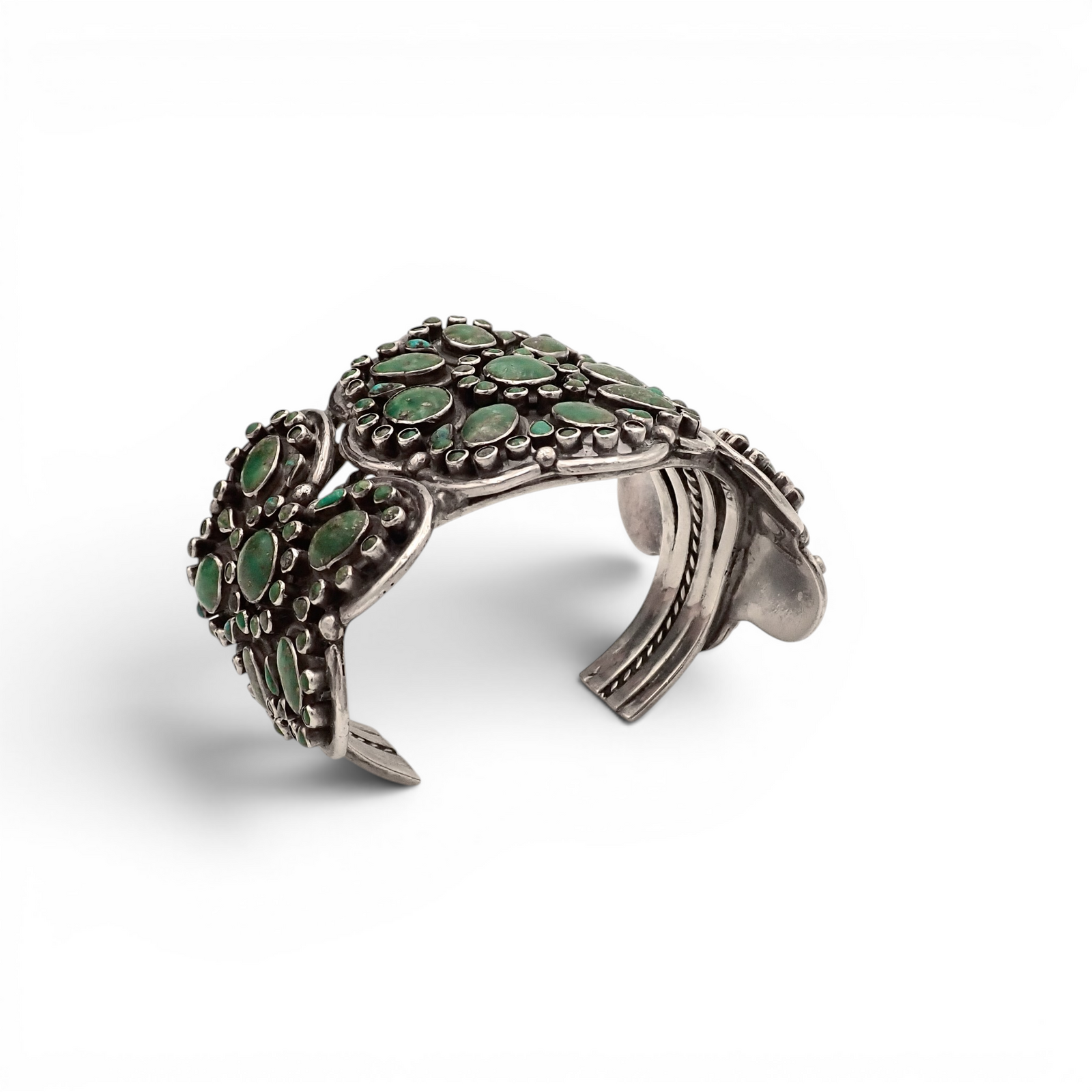158-Gram Kingman & Morenci Turquoise Cluster Sterling Cuff Bracelet by Navajo Artist D. CHATTER