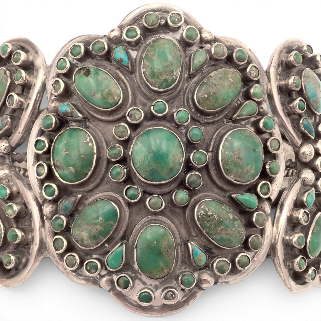 158-Gram Kingman & Morenci Turquoise Cluster Sterling Cuff Bracelet by Navajo Artist D. CHATTER