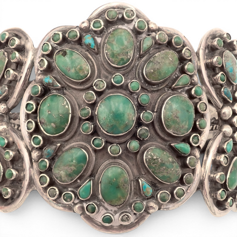 158-Gram Kingman & Morenci Turquoise Cluster Sterling Cuff Bracelet by Navajo Artist D. CHATTER