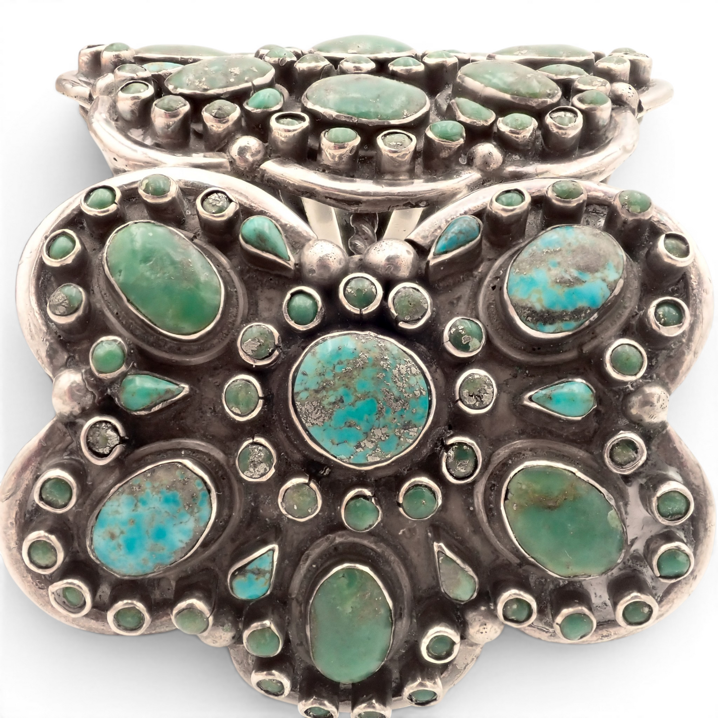 158-Gram Kingman & Morenci Turquoise Cluster Sterling Cuff Bracelet by Navajo Artist D. CHATTER