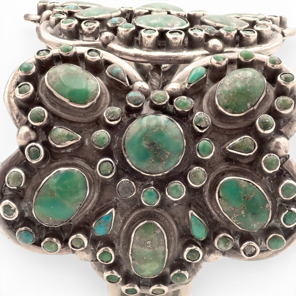 158-Gram Kingman & Morenci Turquoise Cluster Sterling Cuff Bracelet by Navajo Artist D. CHATTER