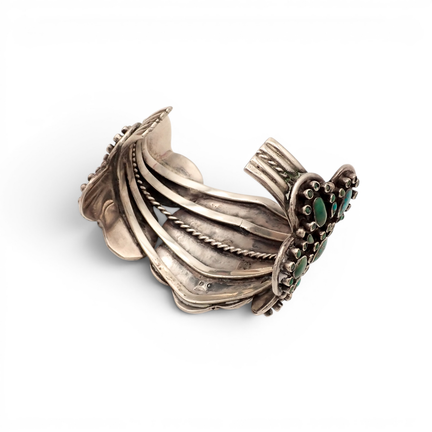 158-Gram Kingman & Morenci Turquoise Cluster Sterling Cuff Bracelet by Navajo Artist D. CHATTER