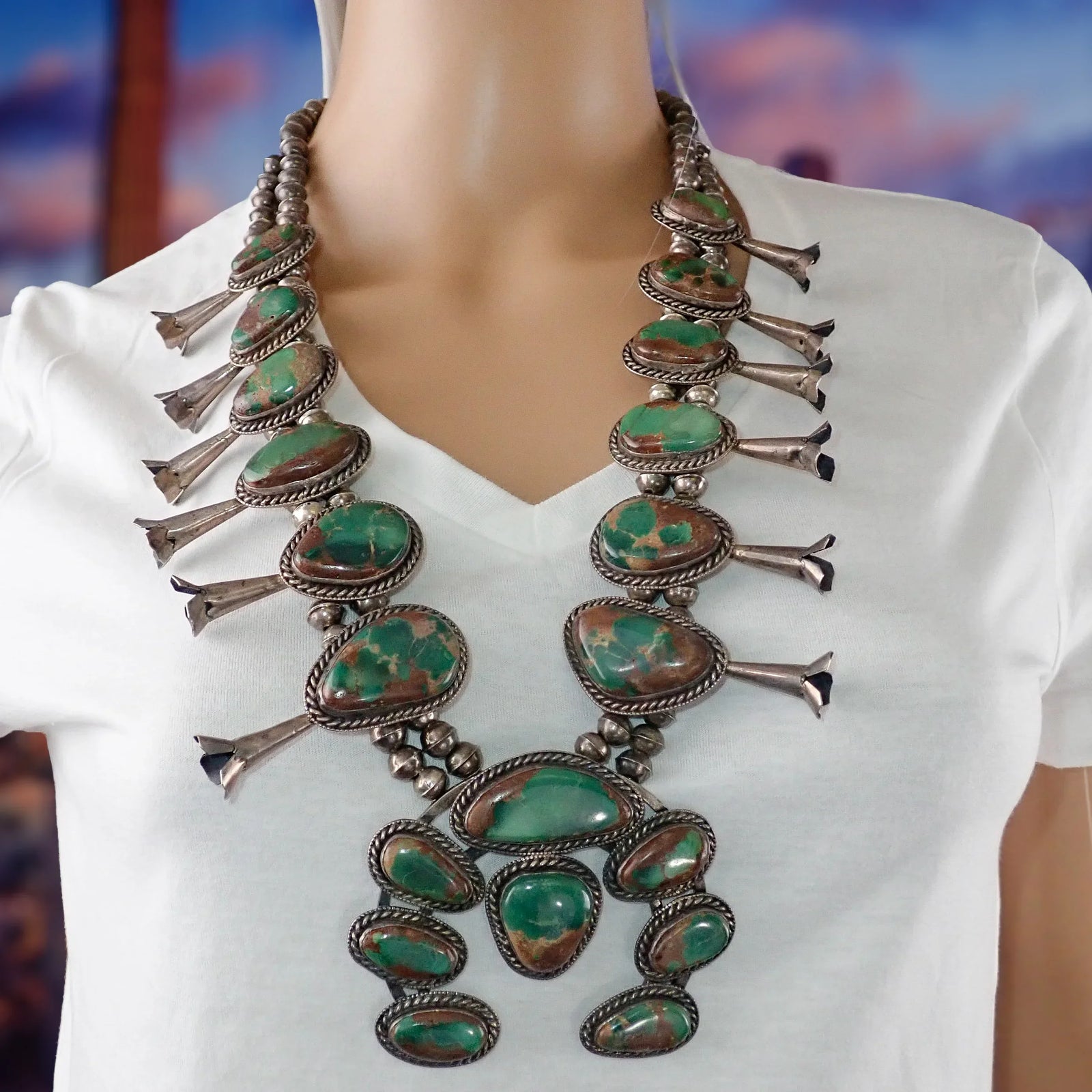 1970s Emerald Green Turquoise Squash Blossom Sterling Silver Necklace & Bracelet Set by Navajo Artist D. HARRISON
