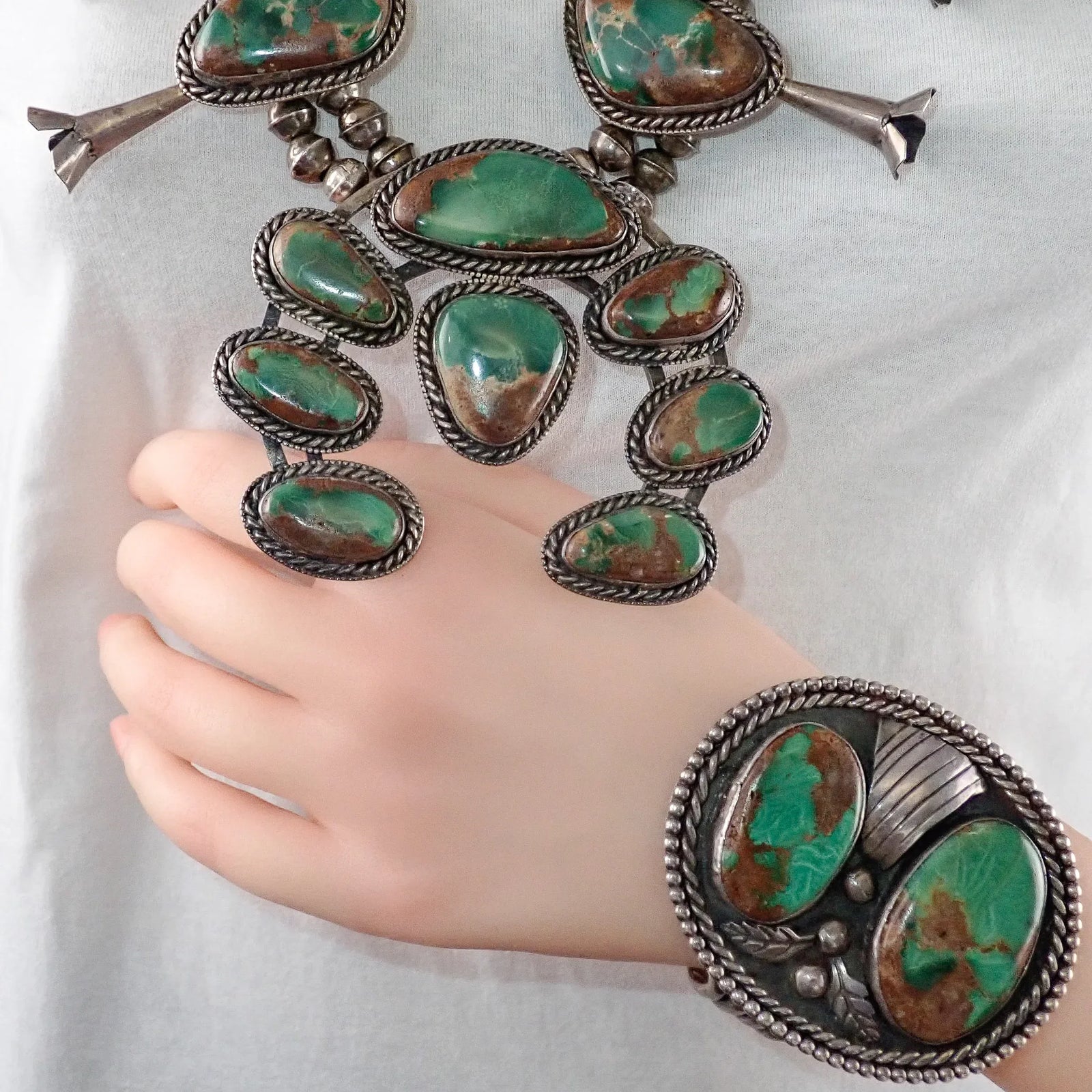 1970s Emerald Green Turquoise Squash Blossom Sterling Silver Necklace & Bracelet Set by Navajo Artist D. HARRISON
