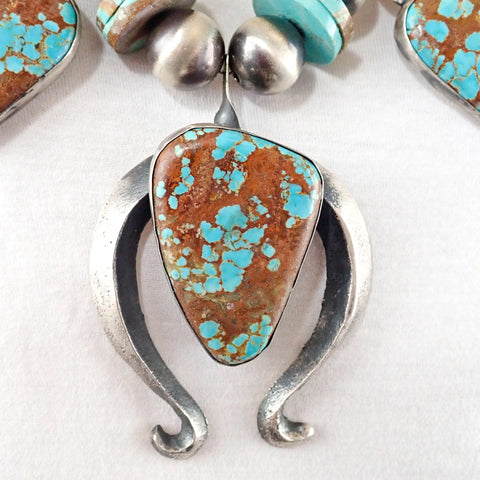 Native American Navajo Number 8 Turquoise Squash Blossom Sterling Silver Necklace by CHIMNEY BUTTE