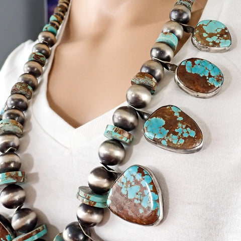 Native American Navajo Number 8 Turquoise Squash Blossom Sterling Silver Necklace by CHIMNEY BUTTE