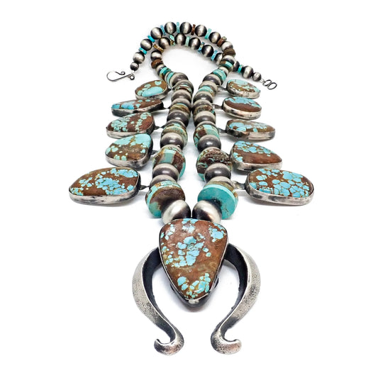 Native American Navajo Number 8 Turquoise Squash Blossom Sterling Silver Necklace by CHIMNEY BUTTE