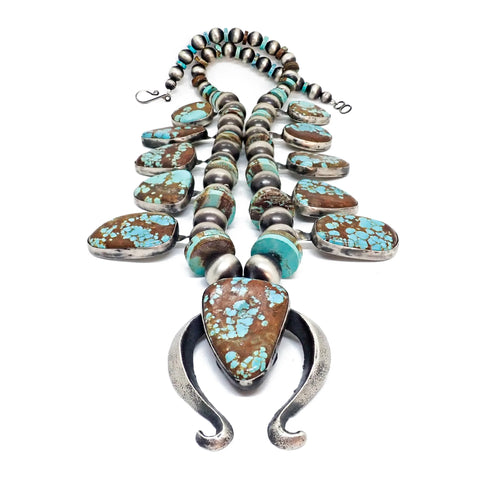 Native American Navajo Number 8 Turquoise Squash Blossom Sterling Silver Necklace by CHIMNEY BUTTE