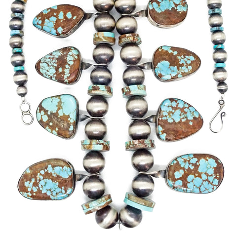 Native American Navajo Number 8 Turquoise Squash Blossom Sterling Silver Necklace by CHIMNEY BUTTE