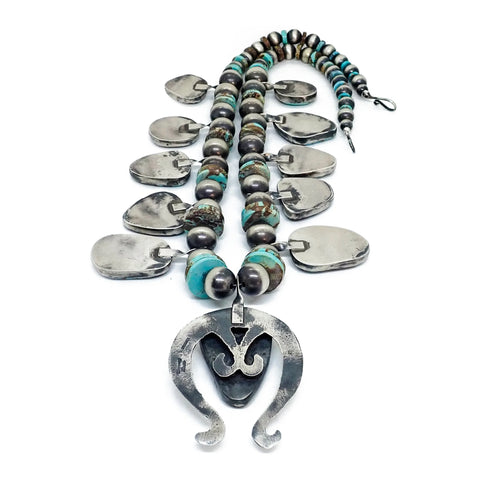 Native American Navajo Number 8 Turquoise Squash Blossom Sterling Silver Necklace by CHIMNEY BUTTE