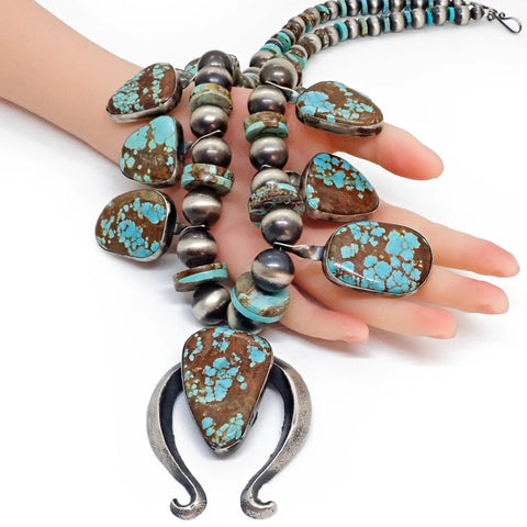 Native American Navajo Number 8 Turquoise Squash Blossom Sterling Silver Necklace by CHIMNEY BUTTE