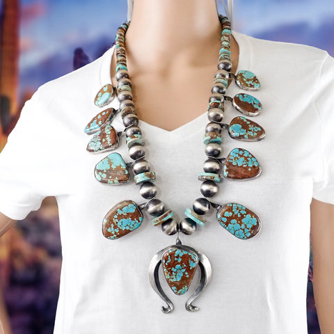 Native American Navajo Number 8 Turquoise Squash Blossom Sterling Silver Necklace by CHIMNEY BUTTE