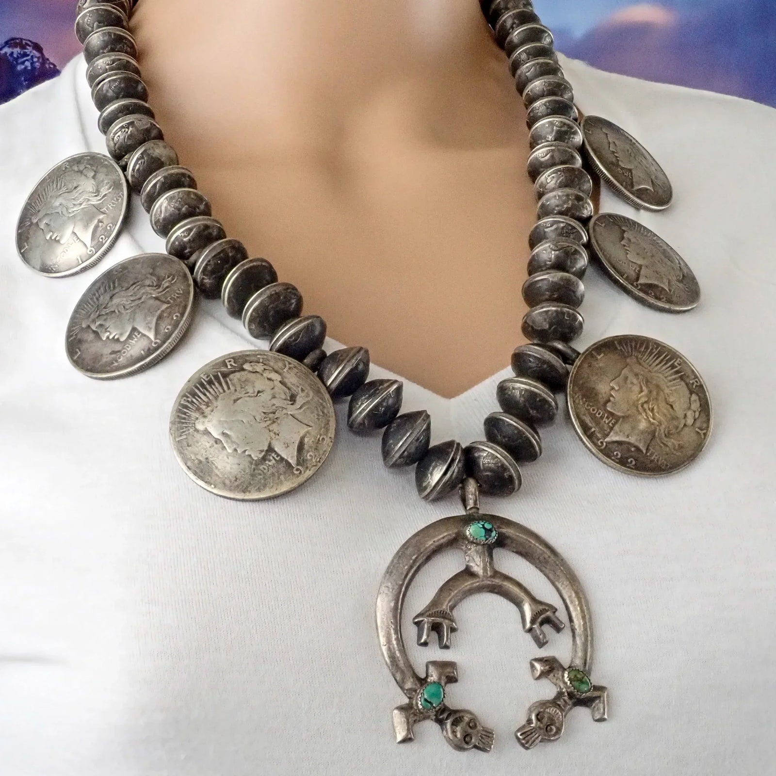 1960s-70s Native American Navajo Yei Naja & Peace Silver Dollar Coins Mercury Dime Bead Squash Blossom Necklace