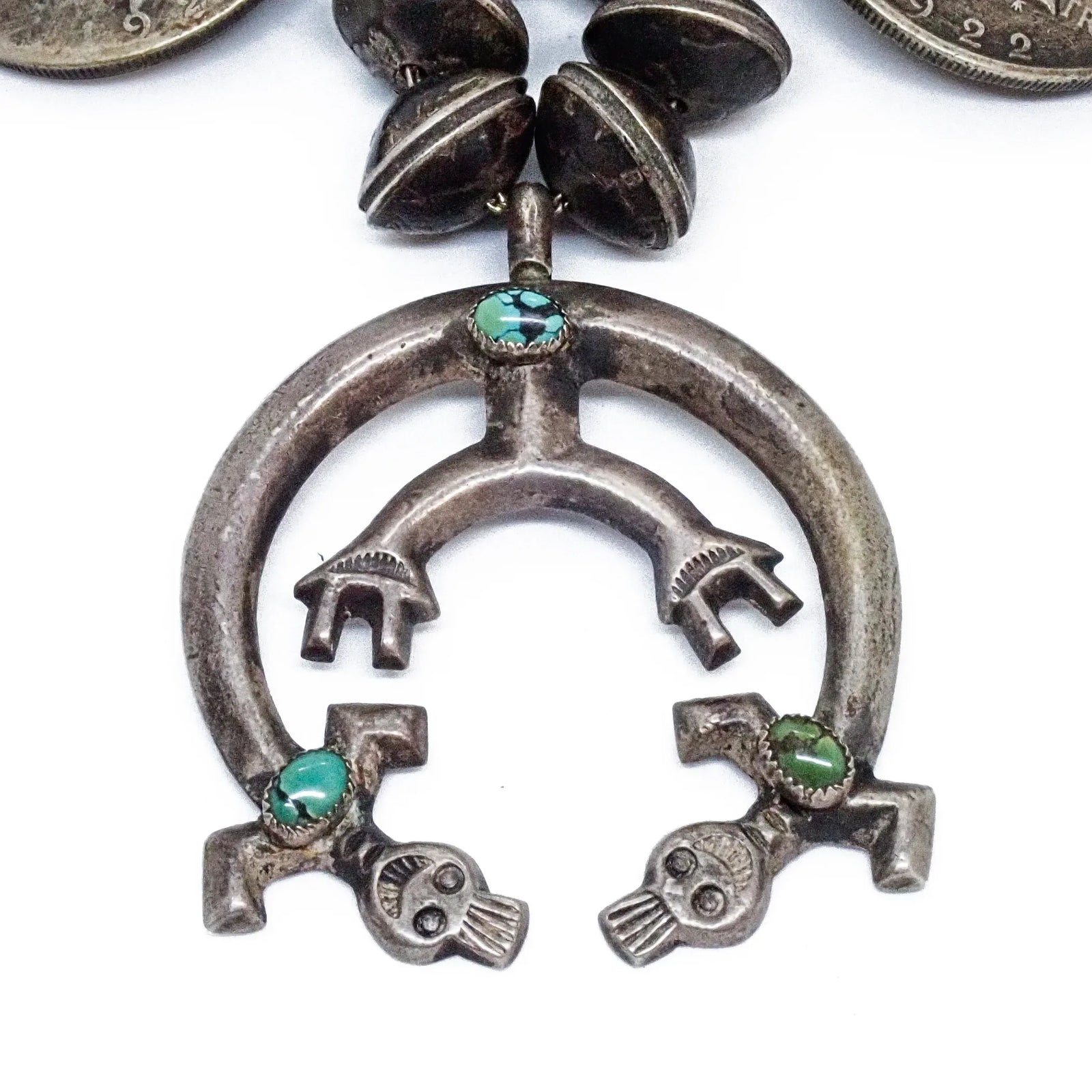 1960s-70s Native American Navajo Yei Naja & Peace Silver Dollar Coins Mercury Dime Bead Squash Blossom Necklace