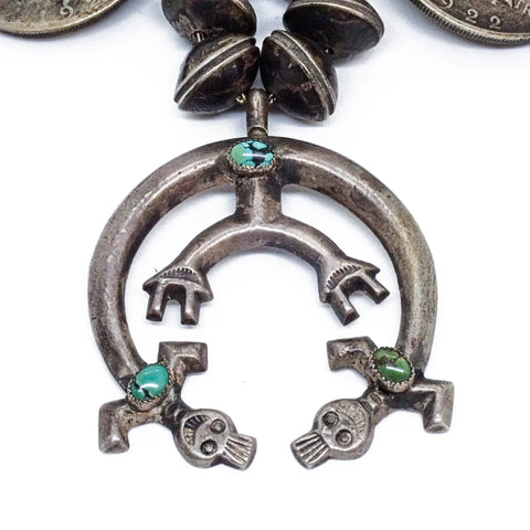 1970s Native American Navajo Yei Naja & Peace Silver Dollar Coins Mercury Dime Bead Necklace