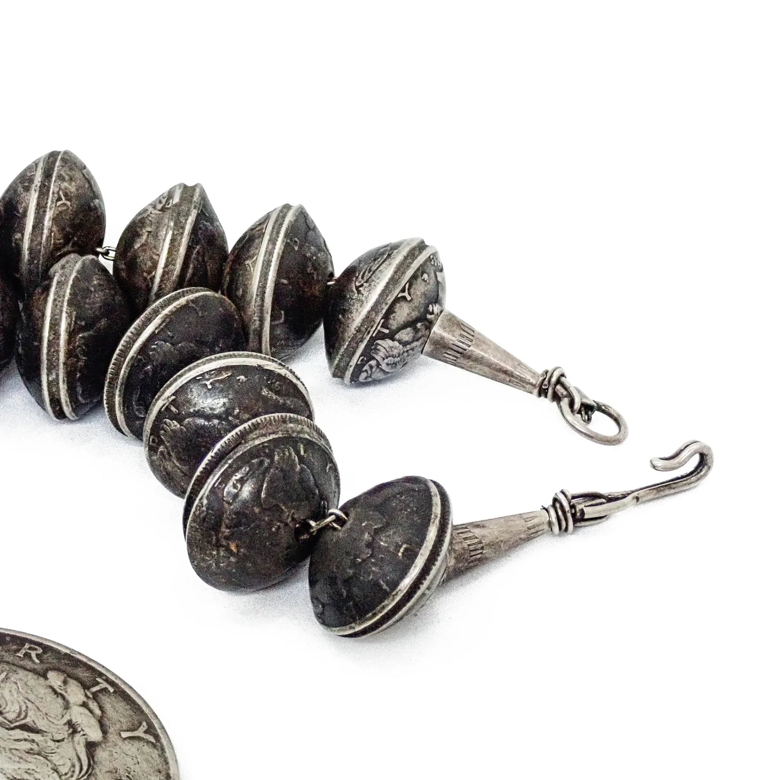 1960s-70s Native American Navajo Yei Naja & Peace Silver Dollar Coins Mercury Dime Bead Squash Blossom Necklace
