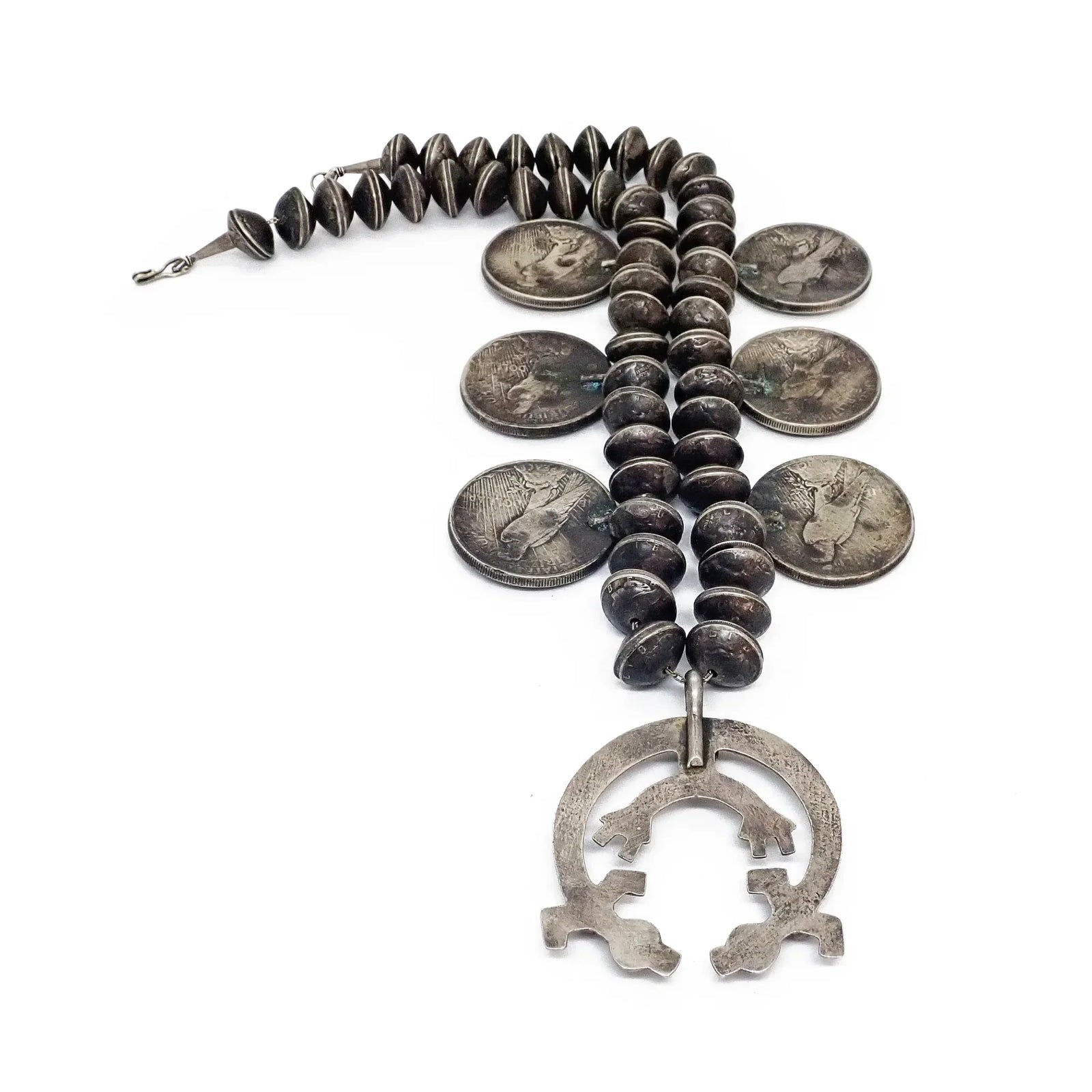 1960s-70s Native American Navajo Yei Naja & Peace Silver Dollar Coins Mercury Dime Bead Squash Blossom Necklace