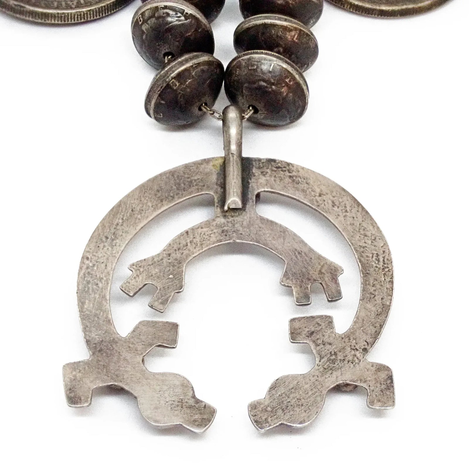 1960s-70s Native American Navajo Yei Naja & Peace Silver Dollar Coins Mercury Dime Bead Squash Blossom Necklace