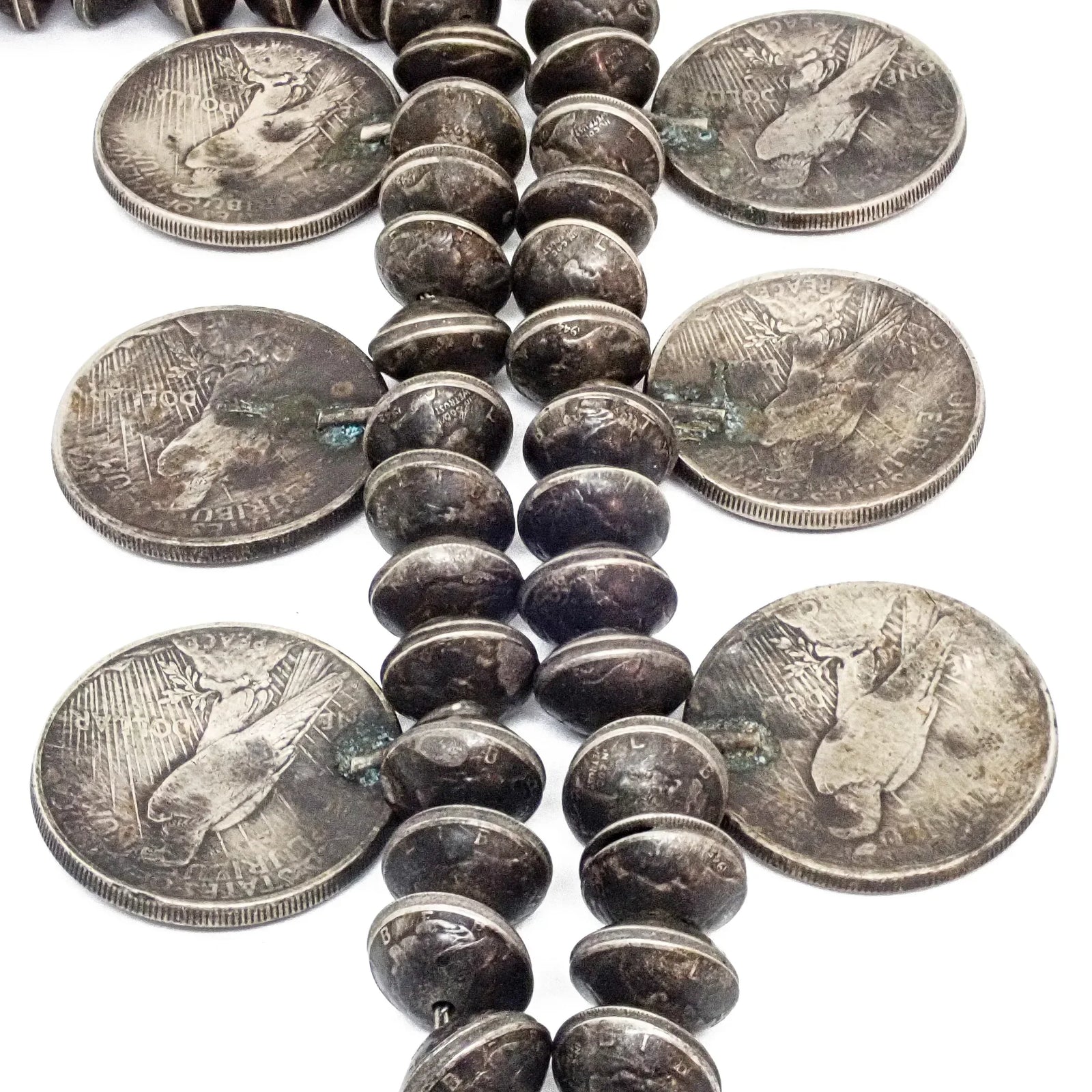 1960s-70s Native American Navajo Yei Naja & Peace Silver Dollar Coins Mercury Dime Bead Squash Blossom Necklace