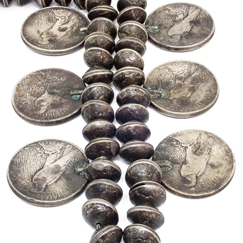 1970s Native American Navajo Yei Naja & Peace Silver Dollar Coins Mercury Dime Bead Necklace