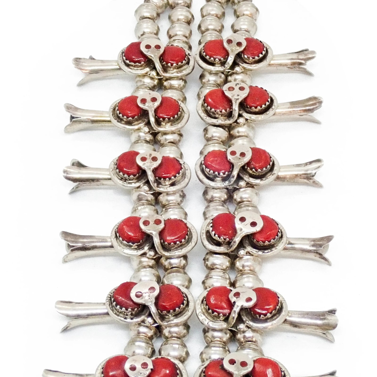 Native American Zuni Coral Cluster Snake Squash Blossom Sterling Silver Necklace by E. CALAVAZA